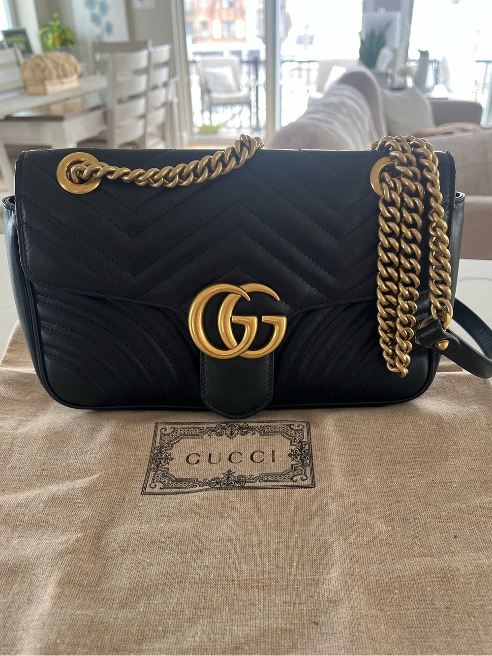 Gucci GG Marmont Small Black Chevron Matelassé Leather Flap Shoulder Bag